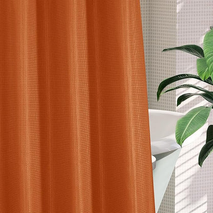MitoVilla Orange Long Shower Curtain Liner Set 72 x 80, No Hooks Needed 80 inch Long Heavyweight Waffle Fabric Shower Curtain Set with Snap-in Liner for Hotel Grade Spa-Like Bathroom Decor