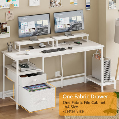 Furologee 55" Computer Desk with File Cabinet and Power Outlets, Home Office Desk with 2 Monitor Stands and Storage Drawer, Writing Gaming Table with Shelves and 2 Hooks for Bedroom, White