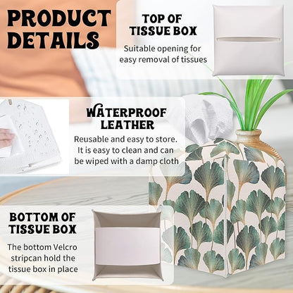 Ginkgo Leaves Square Tissue Box Holder Cover, Tissue Cube Box Organizer for Bathroom, Living Room, Office, Countertop, Car, Night Stands, Modern Home Desk Tabletop Decor - A04