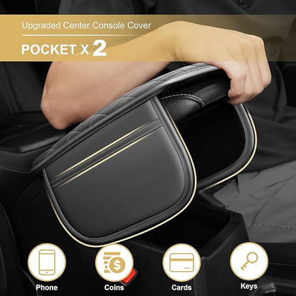 Center Console Cover Fit for CR-V: Scratch and Wear Resistant Console Cover Leather with 2 Storage Bags -Upgraded Armrest Coverfor Car,Anti-Scratch Auto Armrest Pad Accessory （Black