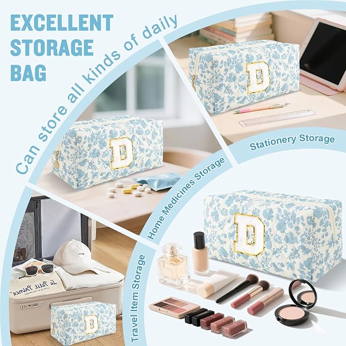 Personalized Quilted Cosmetic Bag, Puffy Monogrammed Christmas Birthday Gifts for Women & Girls, Cute initial Floral Makeup Bag Puffer Coquette Bag, Aesthetic Travel Toiletry Zipper Pouch(Blue,D)