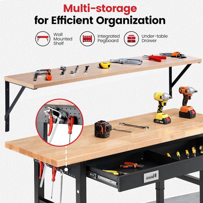 Work Bench with Shelf Bracket 60 Inch Heavy Duty Rubberwood Tabletop Workbench for Garage Adjustable Height Work Table with Drawers, Power Outlets for Woodworking, Home, Office, Workshop