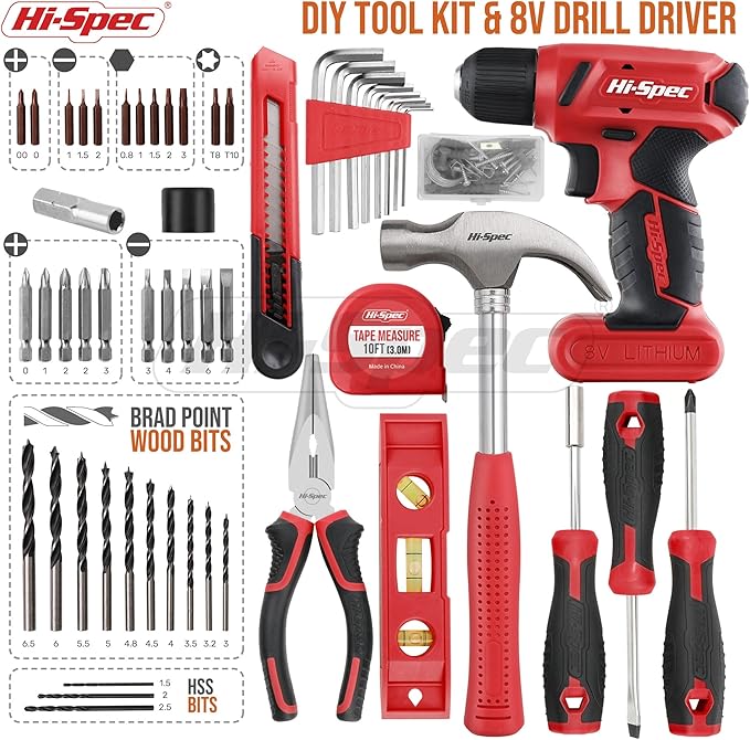 Hi-Spec 58pc Red 8V USB Electric Power Cordless Drill Driver and Home DIY Tool