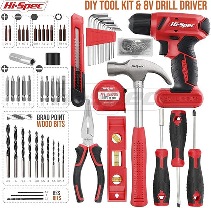 Hi-Spec 58pc Red 8V USB Electric Power Cordless Drill Driver and Home DIY Tool