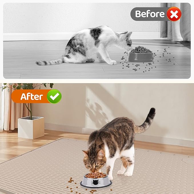 Bartuke Cat Food Mat, 50" x 35" Extra Large Silicone Pet Feeding Mat with Raised Edge Pet Placemat for Food and Water Bowl Non-Slip, Easy to Clean, Floor Protection (Khaki)