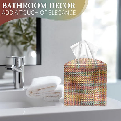 Tissue Box Cover, PU Leather Tissue Box Holder with Bottom Belt, Modern Square Tissue Box Covers with Wide Opening (Dark Mix Color, Woven Patterns)