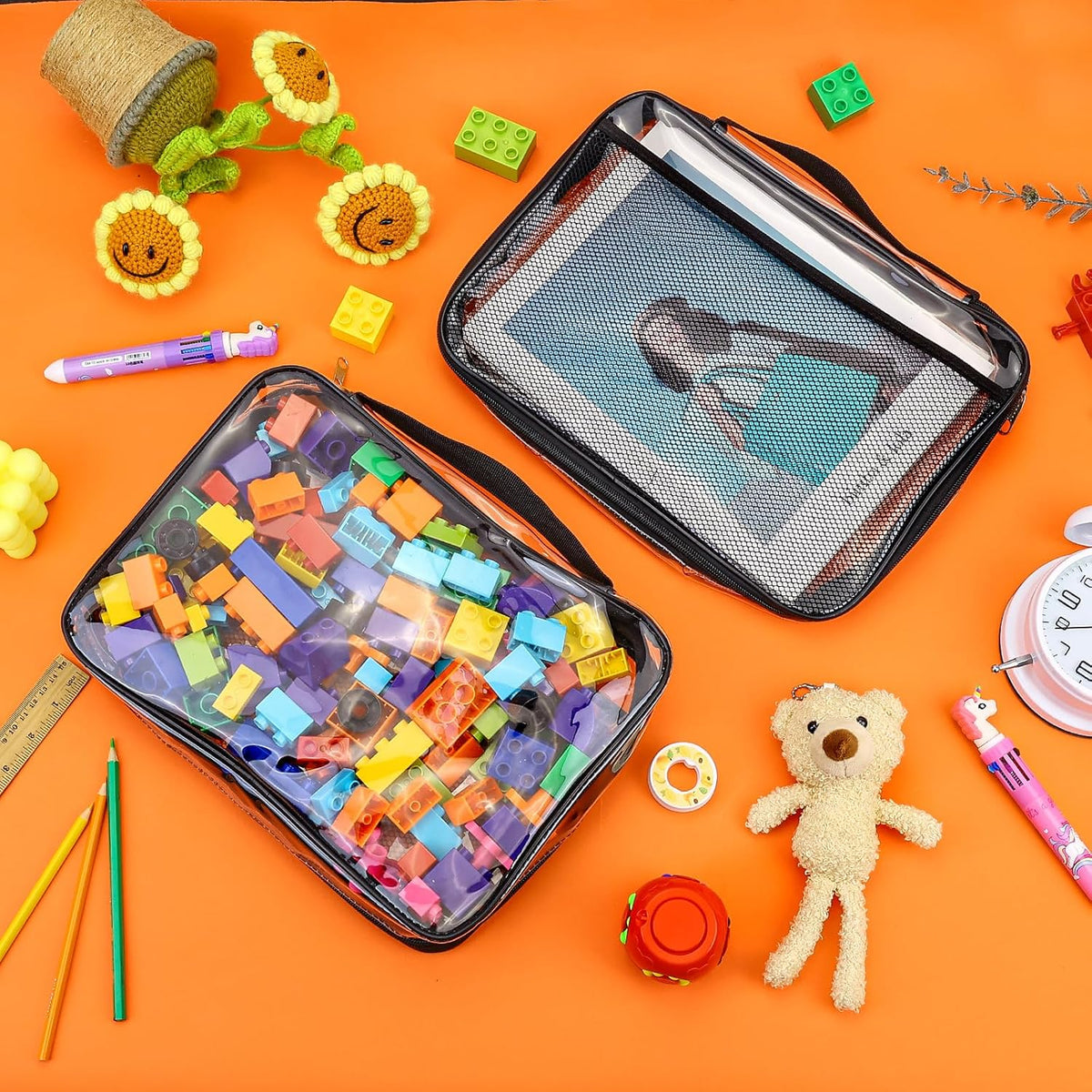 8 Packs Toy Storage Bags with Zipper, Clear PVC Organizing Bags, Reusable Toy Storage Organizer with Portable Handle, Travel Waterproof Organizer Bags for Building Blocks, Puzzle, Toys and Books