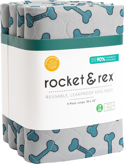 rocket & rex Premium Washable Pee Pads for Dogs, Waterproof & Reusable Puppy Pads for Potty Training, Whelping, Lining Crates & More, Guaranteed for up to 300 Washes, 30" x 36" (Pack of 4)