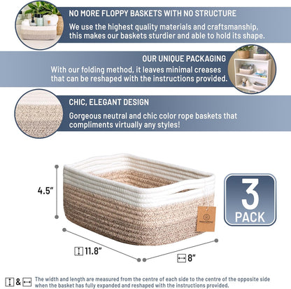 NaturalCozy 11.8"x8"x4.5” Storage Baskets for Shelves 3 Pack | Cotton Rope Woven Small Baskets for Organizing | Small Storage Bins for Nursery, Bathroom, Closet, Cube Shelf, Decorative, Gift Basket