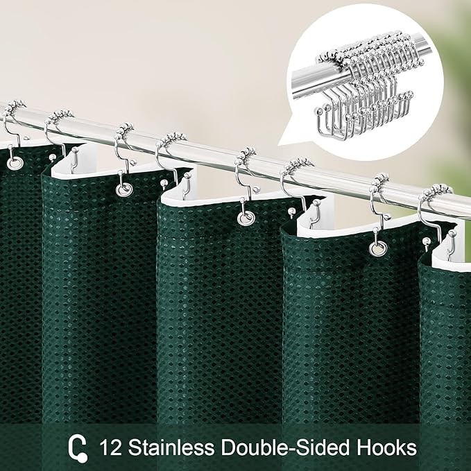 Craidlela 3 in 1 Long Dark Green Shower Curtain Set-72 W x 78 H, Modern Waffle and PEVA Liner Set with 12 Stainless Steel Hooks, Waterproof Fabric for Bathroom