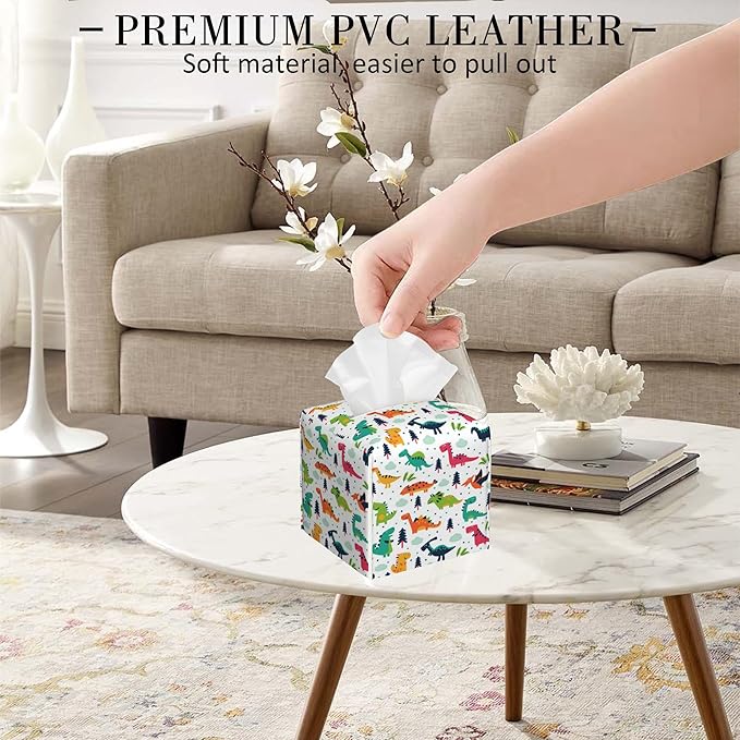 POIUBLE Leather Tissue Box Holder Cartoon Dinosaur Tissue Box Cover Square Waterproof Tissue Holder Organizer Modern Napkin Holder for Bedroom Dresser Night Stand Office Desk