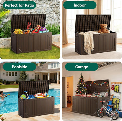100 Gallon Outdoor Storage Box, Weatherproof Deck Box for Patio Cushions, Throw Pillows, Garden Tools, Lockable Resin Large Outdoor Storage Bench for Yard, Porch, or Balcony