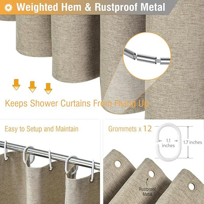 BTTN Extra Long Shower Curtain - 72x96 Inch Long Linen Textured Heavy Duty Fabric Shower Curtain Set with 12 Plastic Hooks, Tall Hotel Spa Luxury Waterproof Curtains for Bathroom Showers - Khaki/Tan
