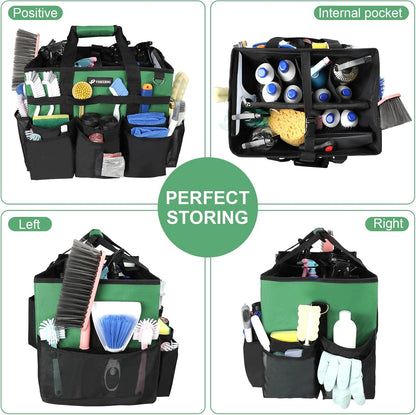 Large Rolling Cleaning Caddy Bag with Wheels, Cleaning Bag with Detachable Trolley, Cleaning Bags on Wheels for Housekeepers, Cleaning Cart Supplies Organizer for Home, Car, Picnic (Green)