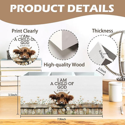 DILSJ Christian Highland Cow Pen Pencil Holder Organizer for Desk, Highland Cow Gifts for Women, I Am a Child of God Wooden Box Signs for Home Office Desk Tabletop Decoration