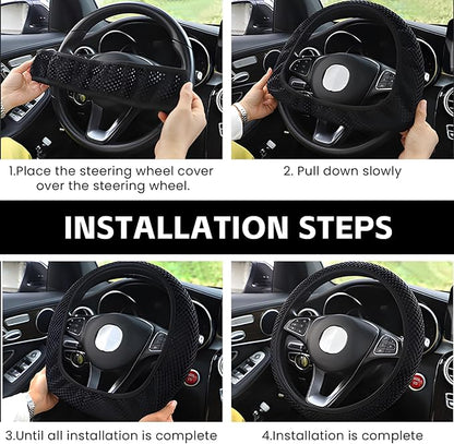 Elastic Stretch Car Steering Wheel Cover, Comfortable Steering Wheel Cover Universal for 14.5-15 Inch, Warm in Winter & Cool in Summer, Anti-Slip Breathable Ice Silk (Gray)