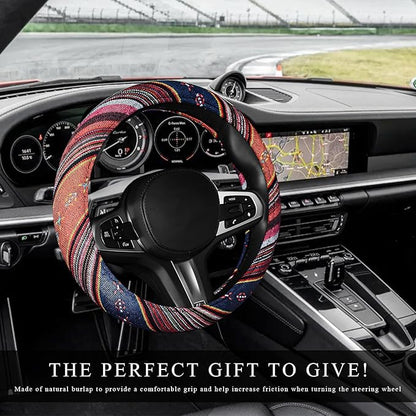 Boho Car Steering Wheel Cover, Ethnic Style Anti-Slip Coarse Flax Cloth Auto Wheel Cover, Bohemian Steering Wheel Protector for Most SUVs Vans Trucks, Car Accessories (Style C)