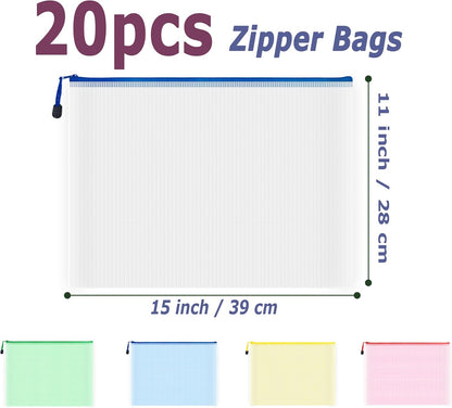 AUSTARK 20Pcs Board Games Storage Bags, PVC Mesh Zipper Pouches, Zippered File Bags, Plastic Waterproof Storage Bags for Office School Home Travel Cosmetic (B4 Size 15 x 11 Inches, Multicolored)