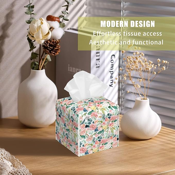 BLYKVGHQ Pink Watercolor Flowers Tissue Box Cover Square, Tissue Box Holder with Bottom Belt Leather Facial Paper Organizer Dispenser for Bathroom Bedroom Dresser Night Stand Tabletop