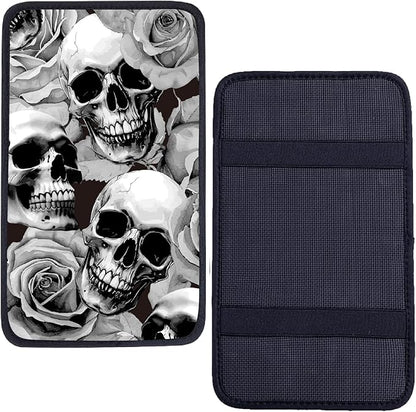CREATCABIN Skull Auto Center Console Cover Car Armrest Pad Auto Armrest Storage Box Pad Soft Anti-Slip Lines Waterproof Car Accessories Interior with Elastic Band for Vehicle SUV Truck 12.6×7.5in