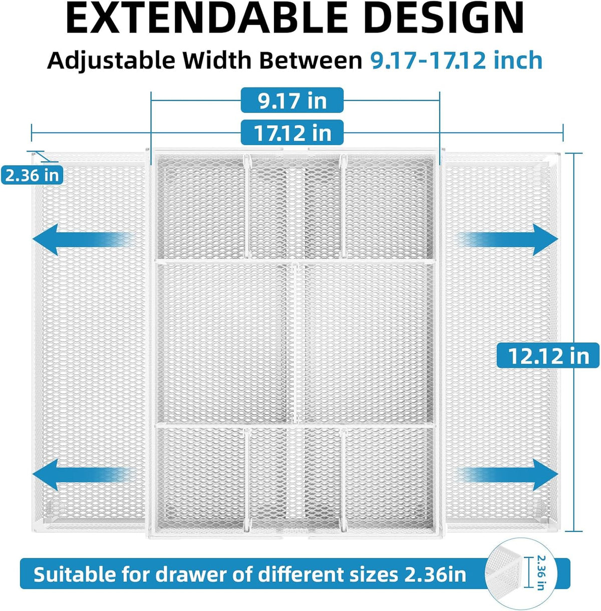 Marbrasse Expandable Desk Drawer Organizer, Mesh Drawer Organizer Tray with 10 Adjustable Compartments, Desk Organizers and Accessories, 5 Dividers Drawer for Office Supplies, Makeup & Vanity (White)