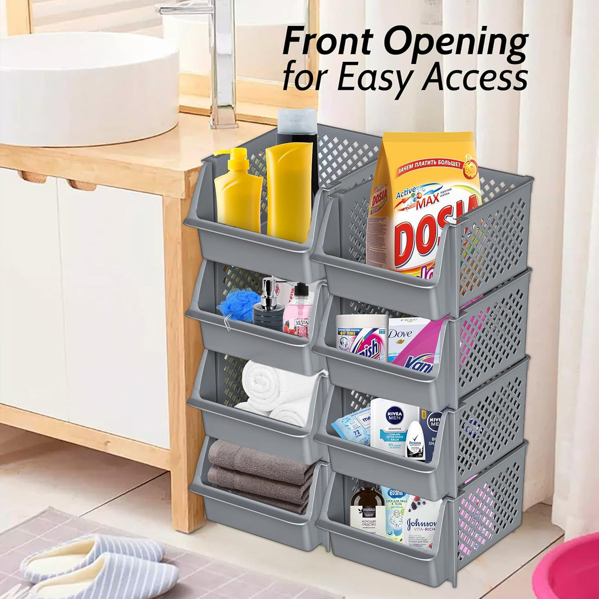 Skywin TidyFriend Stackable Storage Bins for Pantry, 4 Pack Stackable Bins For Organizing Food, Kitchen, and Bathroom Essentials (Grey)