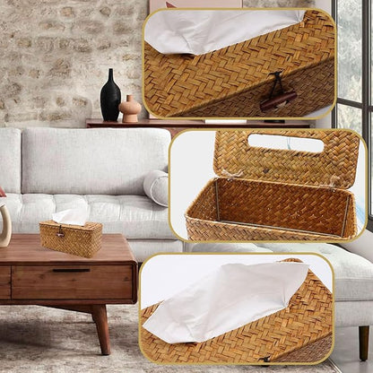 Shonmogar Tissue Box Cover Rectangle Seagrass Tissue Box, Woven Tissue Box Holder with Lid, Farmhouse Style Tissue Cover for Bathroom Toilet Living Room Bedroom Kitchen Table Desk Office Car, Caramel