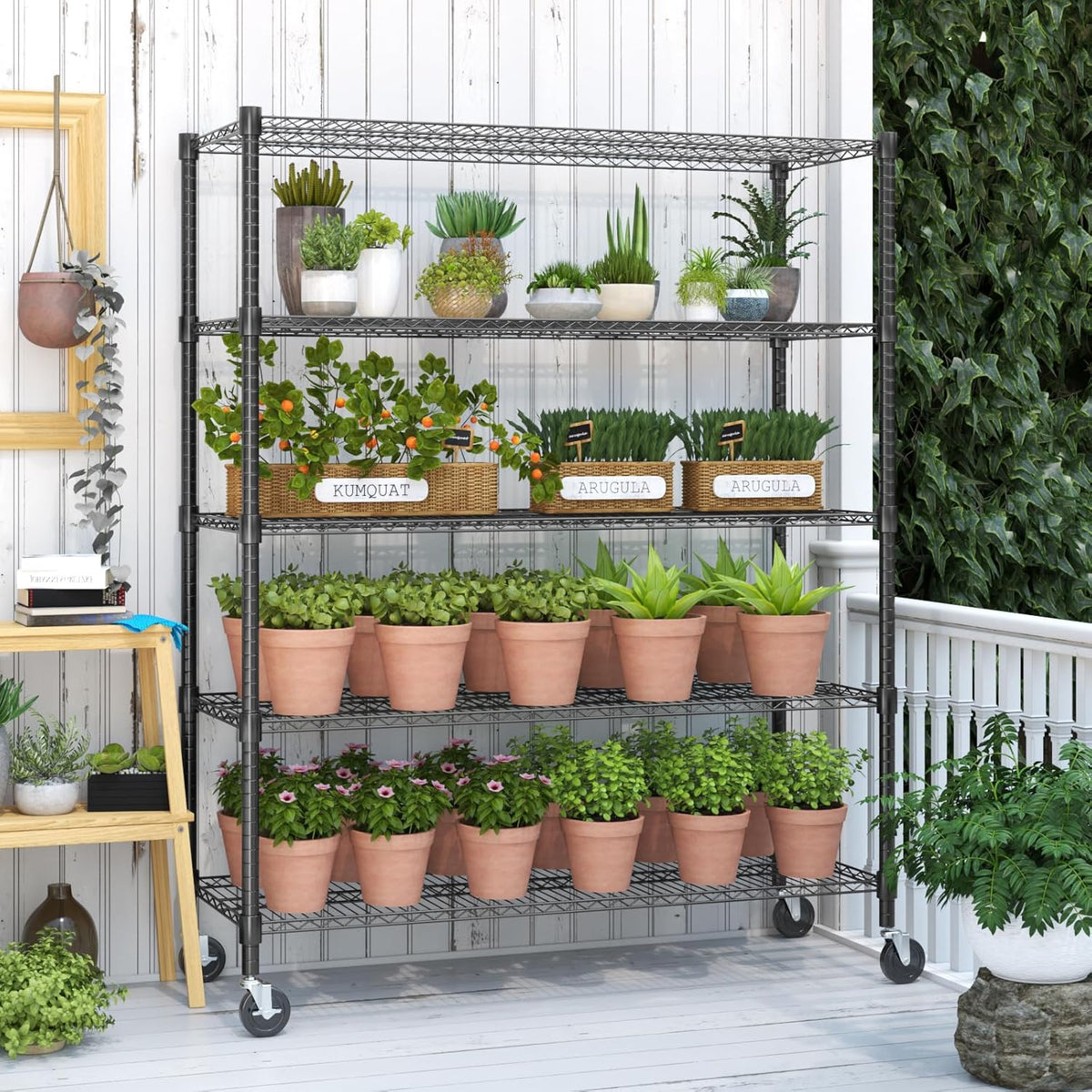 Himimi 82" H Storage Shelves 5 Tier Metal Shelving Adjustable Wire Shelf with Wheels, Heavy Duty Shelving for Garage Kitchen Pantry Bathroom Laundry,18" D*48" W*82" H, Black