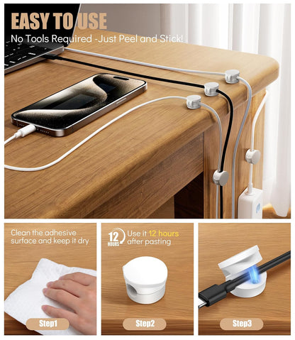 6 Pack Silicone Cord Organizer, Adjustable Magnetic Cable Clips, Strong Adhesive Cable Management Under Desk Wire Hider, Cord Holder for Nightstand, Desk, Wall, Home Office (White)