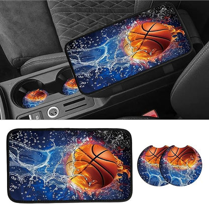 Car Armrest Cover Pads Universal Fashion Cute Auto Center Console Armrest Cover Pad with 2PCS Car Coasters Soft Waterproof Car Armrest Seat Protector for Women, Basketball