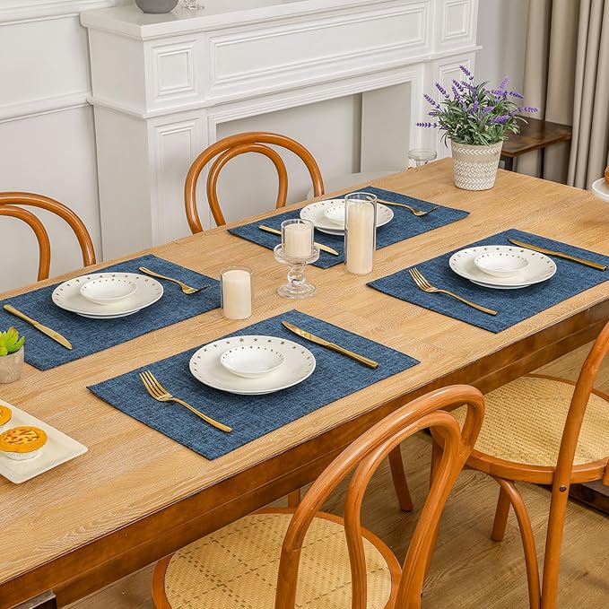 SHACOS Cloth Fabric Placemats Set of 4 Washable Non Slip Heat Resistant Table Mats Double Layer Reversible Place Mats Stain Resistant Indoor Outdoor, Dark Blue
