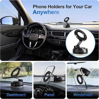 Magnetic Phone Holder for Car, Vacuum Suction Phone Mount Magnet Cell Phone Holder, 360° Rotation Foldable Windshield Dashboard Phone Holder Car Mount, Compatible with Magsafe iPhone & All Smartphones