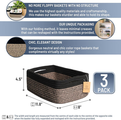 NaturalCozy 11.8"x8"x4.5” Rectangle Storage Baskets for Shelves 3 Pack | Cotton Rope Woven Small Baskets for Organizing | Small Storage Bins for Nursery, Bathroom, Closet, Shelf, Decorative, Gift