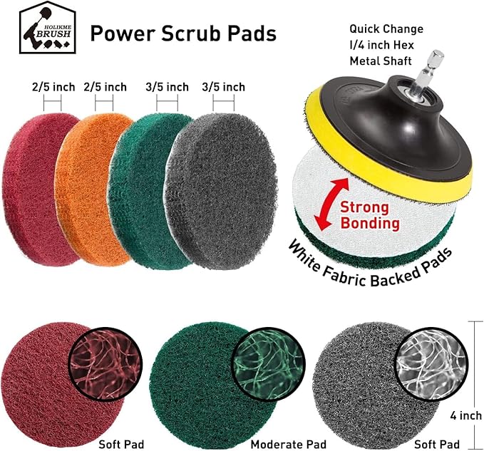 Holikme 40 Piece Drill Brush Attachment Set Scrub Pads Scouring Pads Power Scrubber Brush with Extend Long Attachment All Purpose Clean for Car Detailing，Grout, Tiles, Bathroom, Kitchen