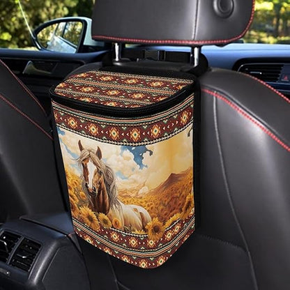DISNIMO Western Horse Car Trash Can Bin with Lid Sunflower Car Garbage Can Leakproof Mini Car Accessories Trash Bin Car Dustbin Organizer Container for Car Office Home