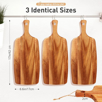 Kathfly 3 Pcs Acacia Wood Cutting Board with Handle Wooden Laser Kitchen Serving Charcuterie Board for Vegetables Meat Pizza Cheese Fruit Bread(17 x 7 Inch)