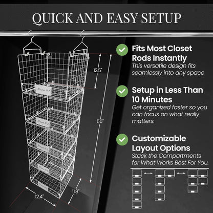 DECOLURE 5-Tier Adjustable Hanging Closet Organizer – Maximize Hanging Storage w/ 4 Hanging Hooks, 8 S Hooks & 5 Name Plates - Sturdy Foldable Wire Storage Hanging Shelves for Clothes, Towels (White)