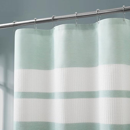 Warm Home Designs White Waffle Shower Curtain with Green Fabric Stripes. Each Waffle Weave Shower Curtain Measures 70 x 72 Inches. Striped White & Mint Green Shower Curtains for Bathroom. W Mint 72"