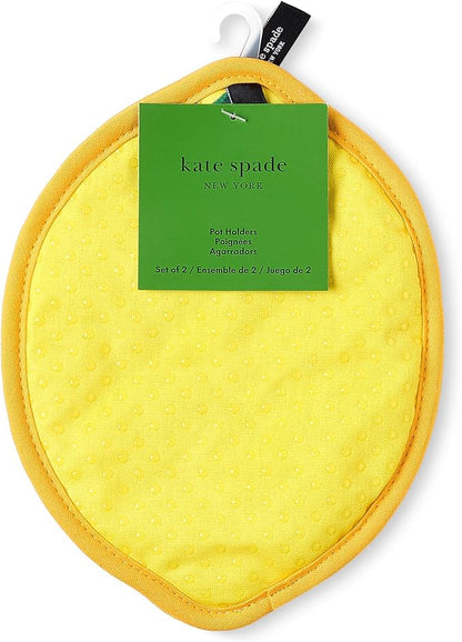 Kate Spade New York Lemon Party and Spring Gingham Pot Holder 2-Pack Set, Heat Resistant, 100% Cotton, Navy Blue/Yellow, 7"x10"