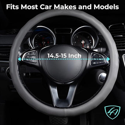 Lord Autofashion Steering Wheel Cover – PU Leather, Non-Slip Rubber Inner, All-Season Comfort – 14.5–15 Inch (Grey 8571)
