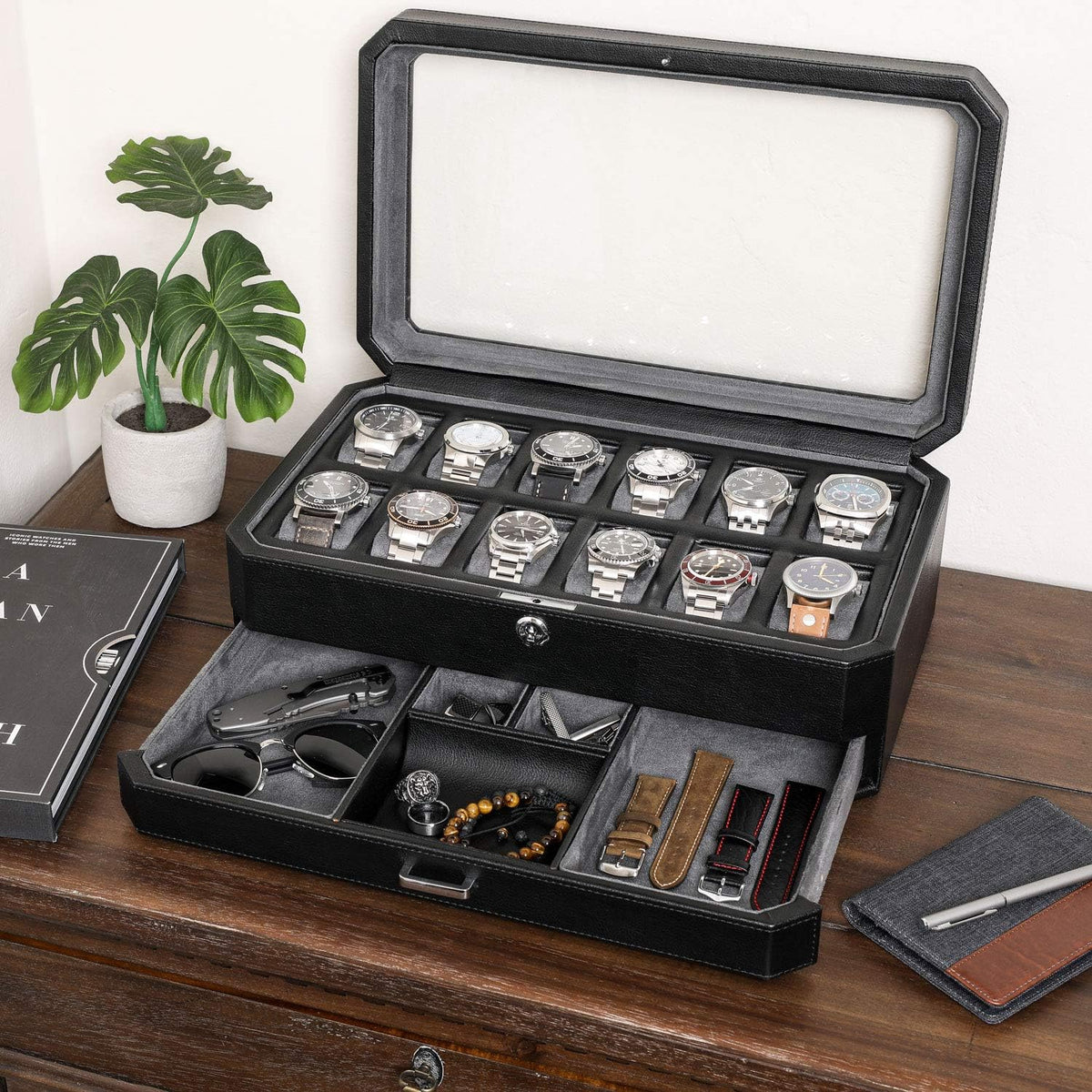 ROTHWELL 12 Slot Leather Watch Box with Valet Drawer - Luxury Watch and Jewelry Case Display Organizer, Microsuede liner, Mens Locking Storage Holder Large Glass Top (Black/Grey)