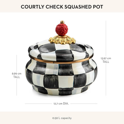 MACKENZIE-CHILDS Enamel Squashed Pot, Cute Enameled Container with Lid, 20 Ounces, Black-and-White Courtly Check