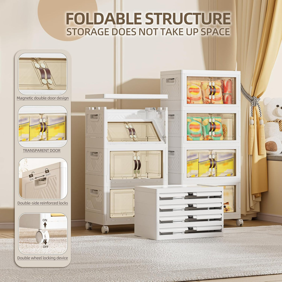 104 QT / 26 Gal Multi-Purpose Stackable Storage Cabinet: Double Magnetic Doors, Foldable, Wheels Included, Leather Handles - Ideal for Pantry, Laundry Room, Dorm