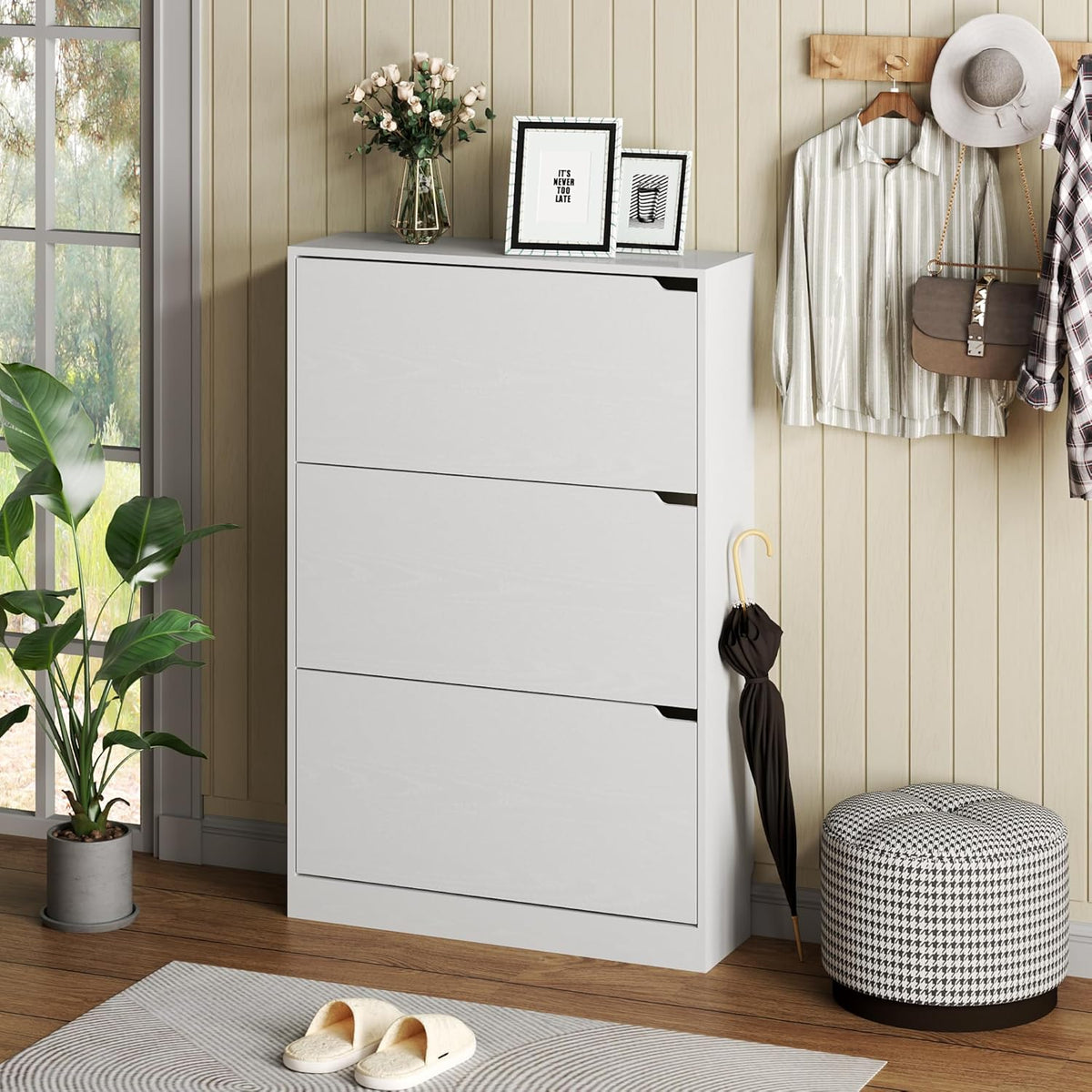 Shoe Cabinet with 3 Flip Drawers, Hidden Wood Shoe Cabinet,Freestanding Shoe Storage Cabinet for Entryway Hallway.White. 47.2" H*31.5" W*9.45" D.