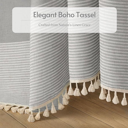 XOGUIBO Grey Shower Curtain Farmhouse Linen Striped Shower Curtains for Bathroom with Tassel 72 X 84
