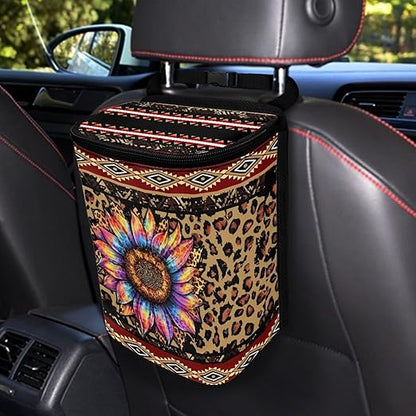 Aztec Sunflower Car Trash Can Auto Garbage Bag with Lid Leak-Proof Car Storage Bag Garbage Bag Hanging for Headrest Portable Vehicle Backseat Organizer
