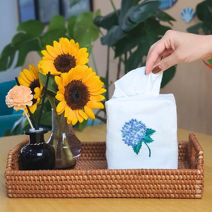 Fabric Tissue Box Cover Set of 2, Vintage Floral Embroidery Hydrangea Tissue Holder, Bouquet Wrapping Bag, Car Tissue Holder, Tissues Box Cover Square 4.5"X4.5"X5.5", White Square Tissue Box Cover