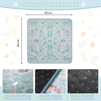 Lahome Washable Reusable Pee Pads for Dogs - Blue Botanical Floral 2 Pack Puppy Pads, Super Absorbent & Waterproof Dog Training Mats for Potty & Crate - Leakproof with Non-Slip Backing (36"x36")