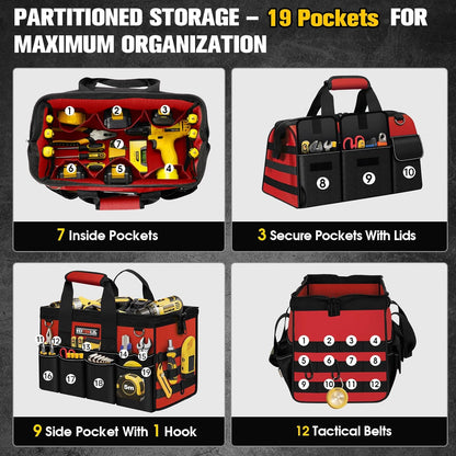 16-Inch Heavy Duty Tool Bag, 19-Pockets Tool Box Organizer, Portable Toolbag W/Soft Handle for Organized Storage, Mechanic Gifts for Men Dad Husband Him Christmas, Wide Mouth Toolbox Organization, Red