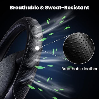 Carbon Fiber D Shaped Steering Wheel Cover – Universal 15 Inch (14.5-15″) Flat Bottom Steering Wheel Cover – Non Slip Leather Grip with Gel Comfort Padding – Sporty Design for Cars, SUVs & Trucks